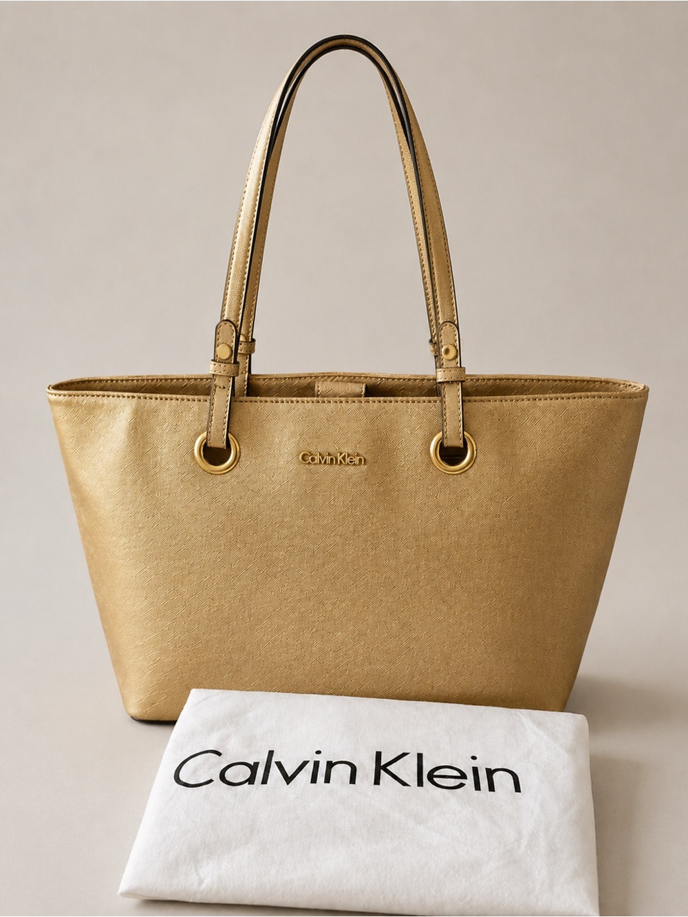 Calvin Klein Metallic Gold Saffiano Tote Shoulder Bag + Dust Bag